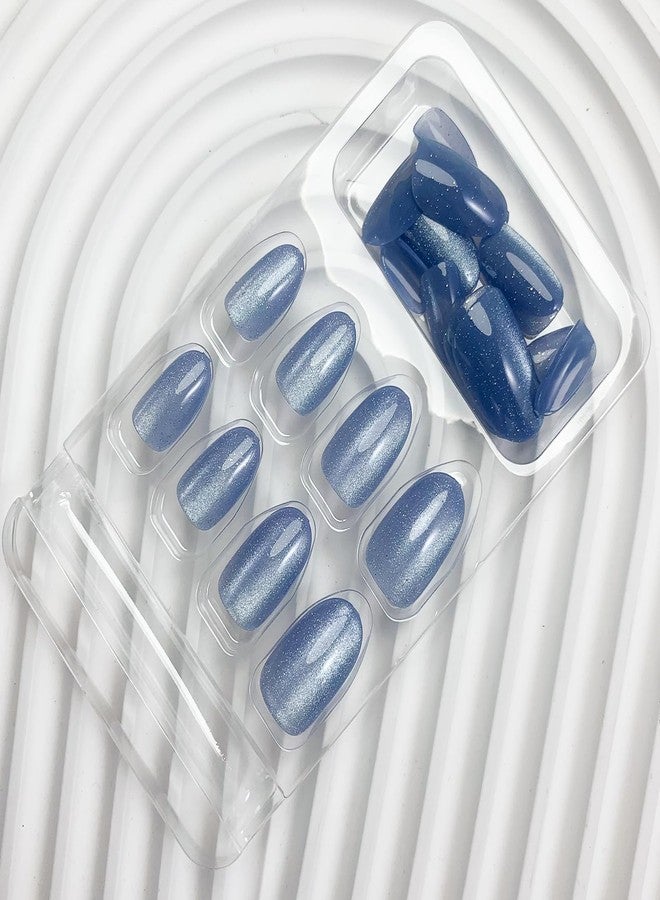 TOGZOM Blue Press on Nails Short Oval Fake Nails Ombre Bling Glitter Acrylic False Nails Shiny Glossy Glue on Nails Short Almond Nails Kit for Women Manicure Art 24 Pcs - Image 4